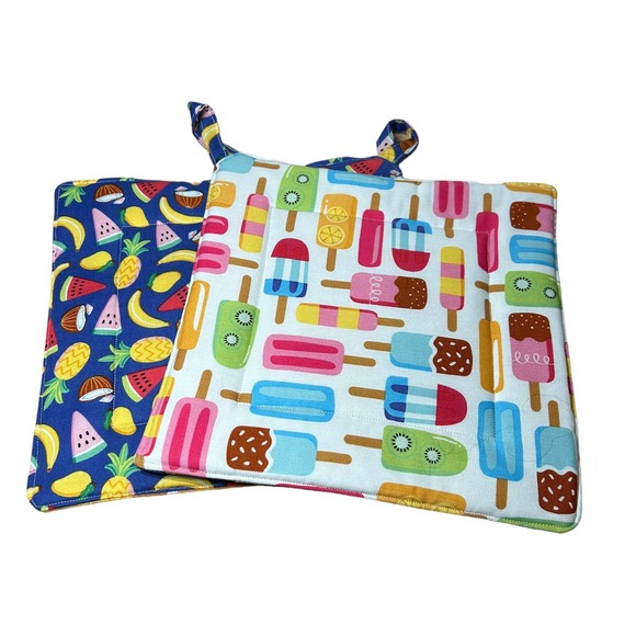 Pair of Quilted Handmade Potholders Popsicles and Fruit - Picture 1 of 3